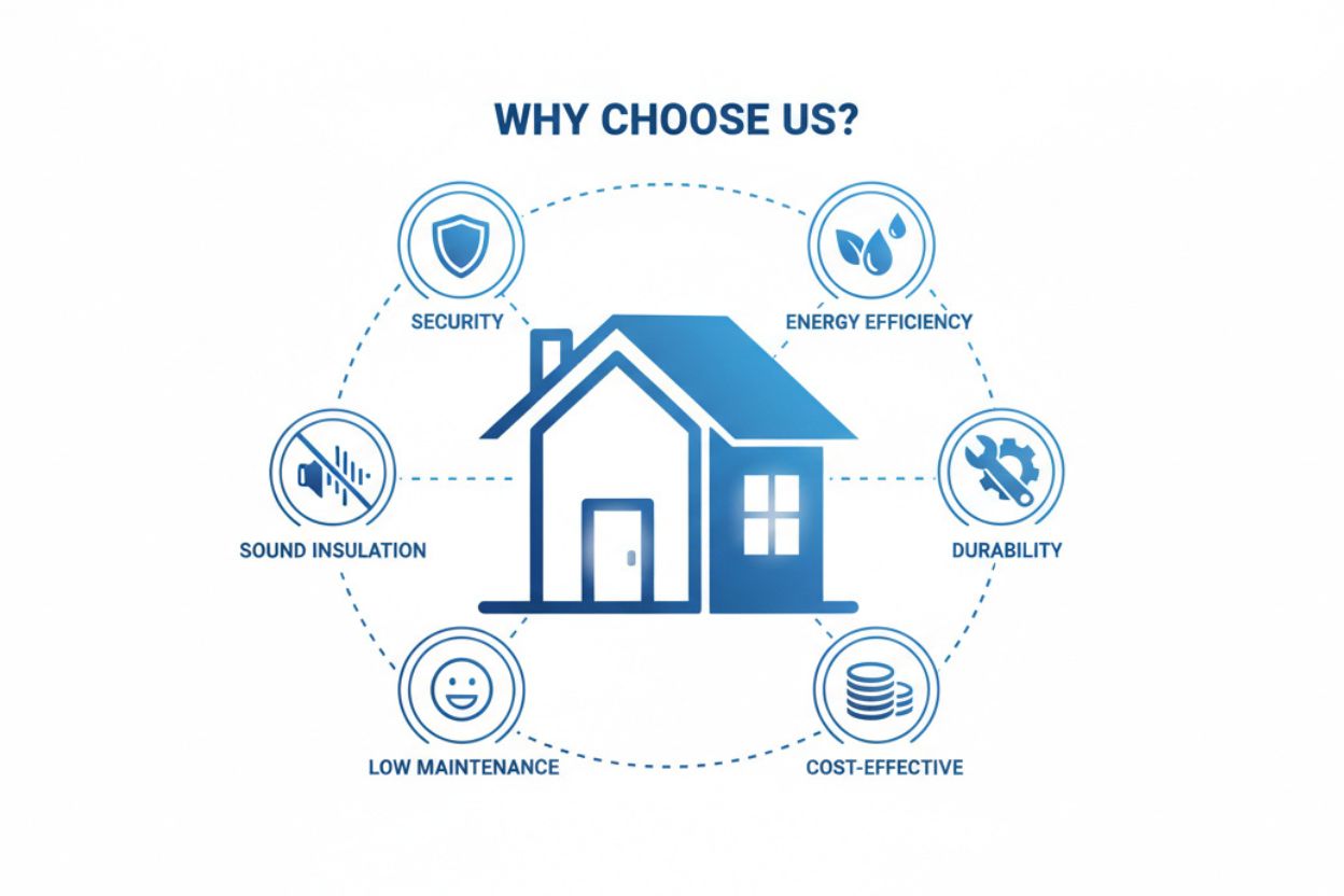 Infographic showing the benefits of Skizo uPVC: Security, Energy Efficiency, Durability, Sound Insulation, Low Maintenance, and Cost-Effective